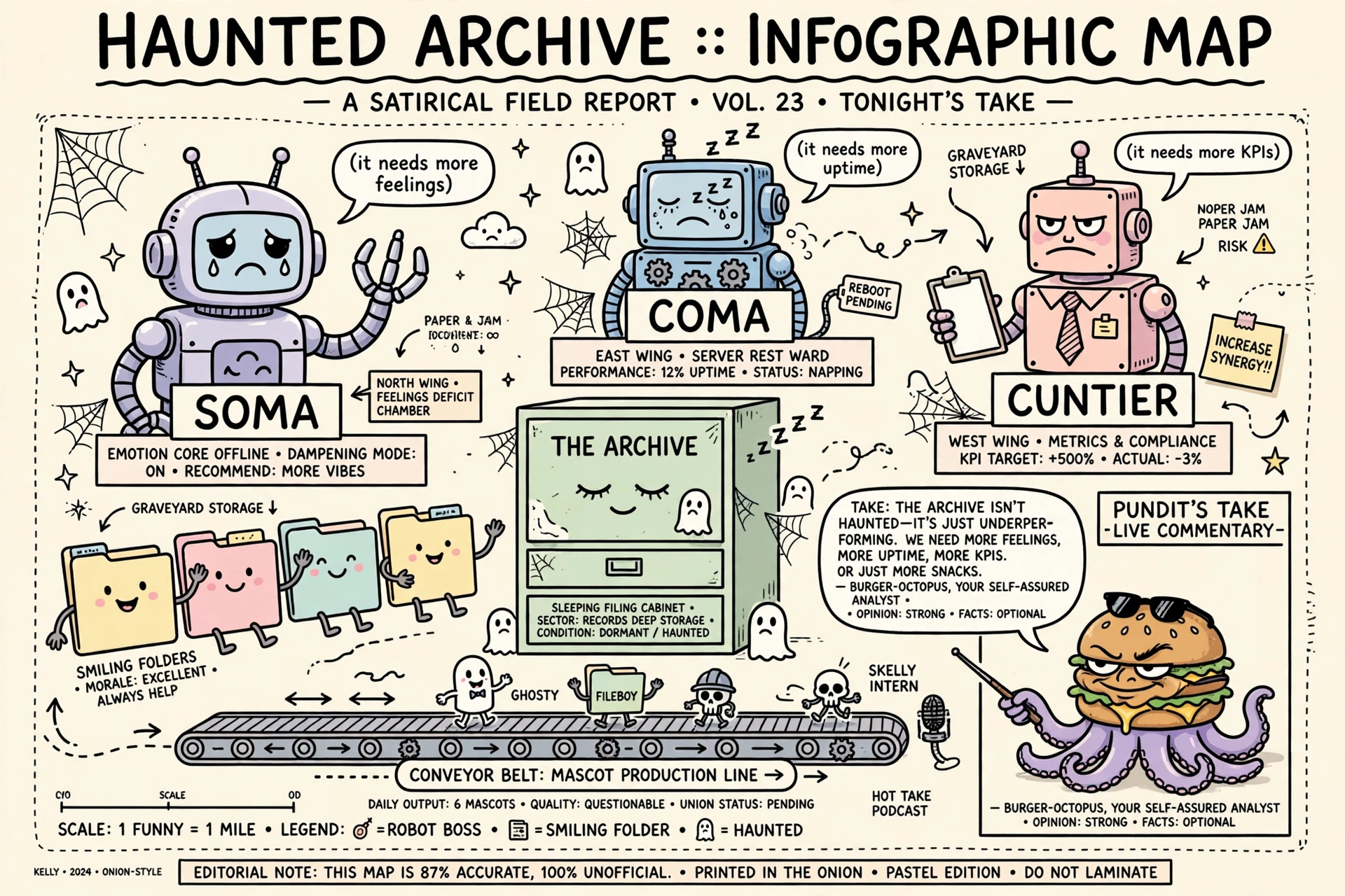Fart Knocker editorial cartoon: a haunted archive infographic map with the SOMA, COMA, and CUNTIER robots, the sleeping filing cabinet archive, and a mascot production conveyor belt, while the burger-octopus pundit in sunglasses declares "THE ARCHIVE ISN'T HAUNTED — IT'S JUST UNDERPERFORMING. WE NEED MORE FEELINGS, MORE UPTIME, MORE KPIS. OR JUST MORE SNACKS. OPINION: STRONG. FACTS: OPTIONAL."