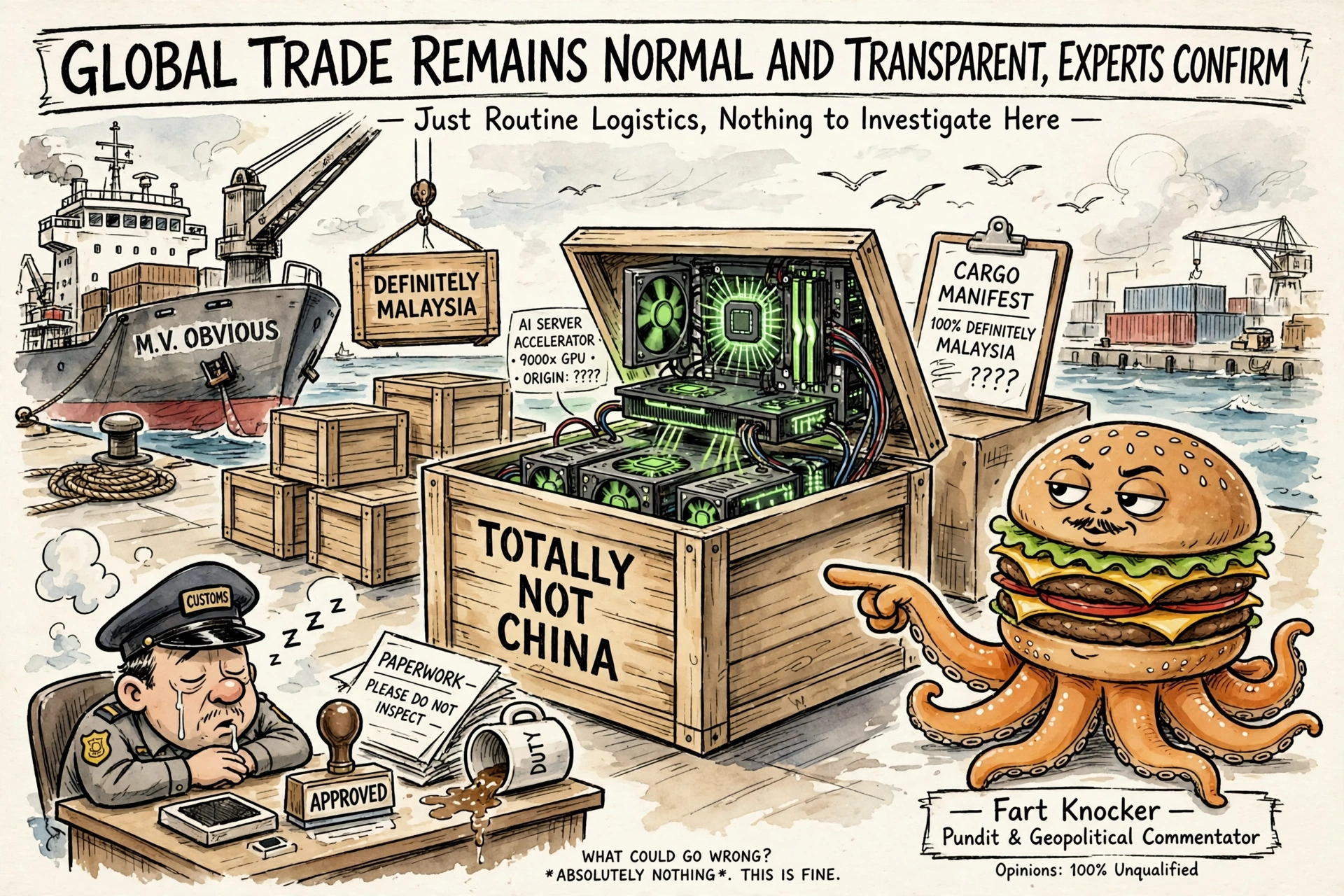 Fart Knocker editorial cartoon: a cargo ship loaded with crates stenciled "DEFINITELY MALAYSIA" and "TOTALLY NOT CHINA" while the burger-octopus pundit in the corner declares "A drop in the bucket. The bucket is $300 million."