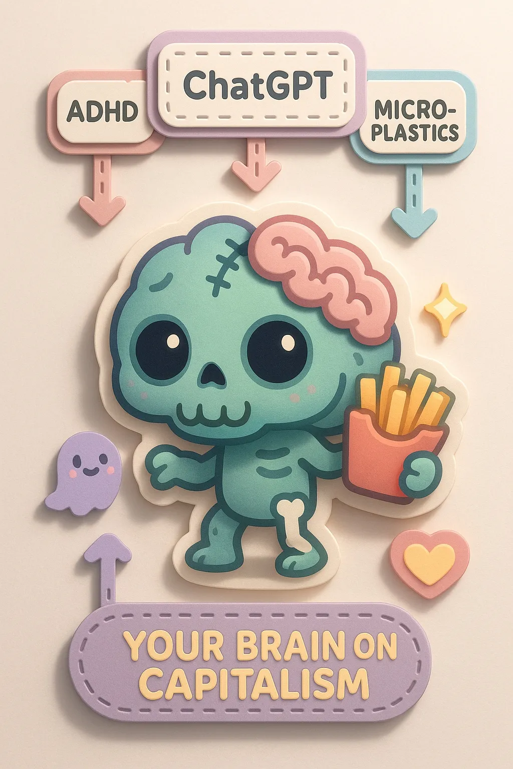 Pastel sticker: a smiling green zombie holding a carton of french fries, with labels reading ADHD, ChatGPT, and MICRO-PLASTICS pointing down at it, and a banner reading YOUR BRAIN ON CAPITALISM.